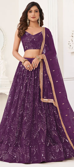 Purple and Violet color Lehenga in Net fabric with Embroidered, Mirror, Sequence, Thread work