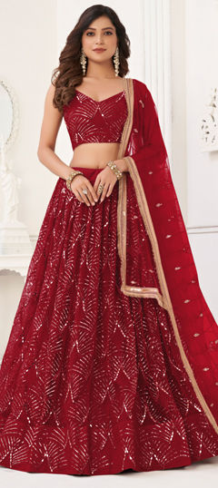 Red and Maroon color Lehenga in Net fabric with Embroidered, Mirror, Sequence, Thread work