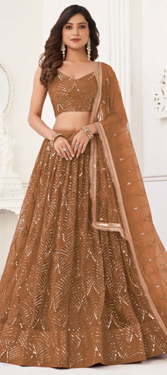 Beige and Brown color Lehenga in Net fabric with Embroidered, Mirror, Sequence, Thread work