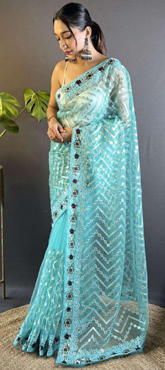 Blue color Saree in Net fabric with Embroidered, Foil Print, Stone, Thread work