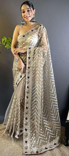 Beige and Brown color Saree in Net fabric with Embroidered, Foil Print, Stone, Thread work