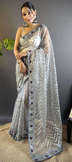 Black and Grey color Saree in Net fabric with Embroidered, Foil Print, Stone, Thread work