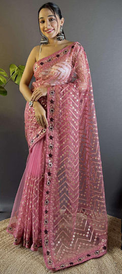 Pink and Majenta color Saree in Net fabric with Embroidered, Foil Print, Stone, Thread work