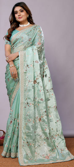 Blue color Saree in Satin Silk fabric with Embroidered, Sequence, Stone work