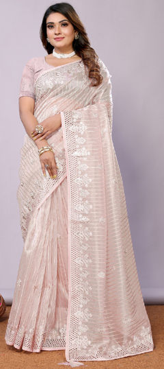 Pink and Majenta color Saree in Silk fabric with Embroidered, Thread work