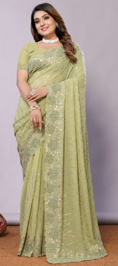 Green color Saree in Georgette fabric with Embroidered, Moti, Sequence work