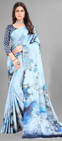 Blue color Saree in Crepe Silk fabric with Digital Print work