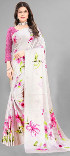 White and Off White color Saree in Crepe Silk fabric with Digital Print work