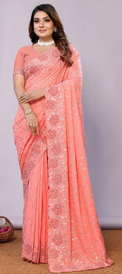 Pink and Majenta color Saree in Georgette fabric with Embroidered, Moti, Sequence work