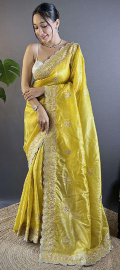 Yellow color Saree in Art Silk fabric with Embroidered, Sequence, Thread work