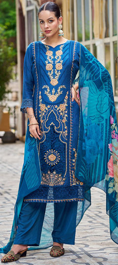 Blue color Salwar Kameez in Muslin fabric with Embroidered, Resham, Thread, Zari work