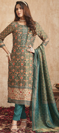 Green color Salwar Kameez in Tissue fabric with Digital Print, Floral, Zardozi work