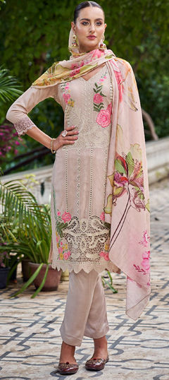 Beige and Brown color Salwar Kameez in Muslin fabric with Embroidered, Resham, Thread, Zari work