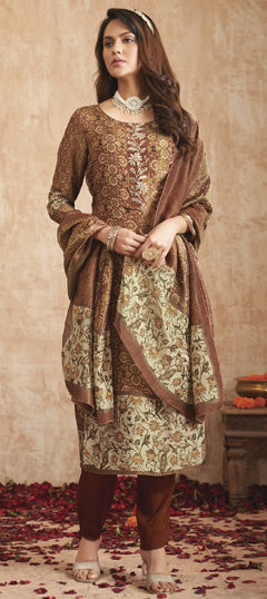 Beige and Brown color Salwar Kameez in Tissue fabric with Digital Print, Floral, Zardozi work