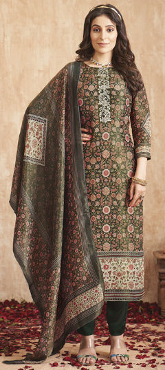 Green color Salwar Kameez in Tissue fabric with Digital Print, Floral, Zardozi work