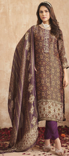 Purple and Violet color Salwar Kameez in Tissue fabric with Digital Print, Floral, Zardozi work