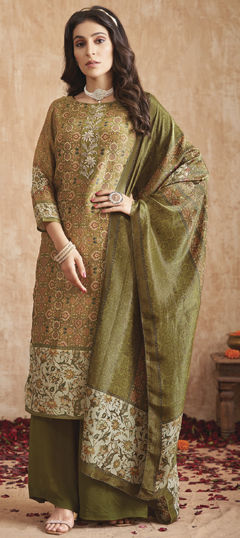 Green color Salwar Kameez in Tissue fabric with Digital Print, Floral, Zardozi work