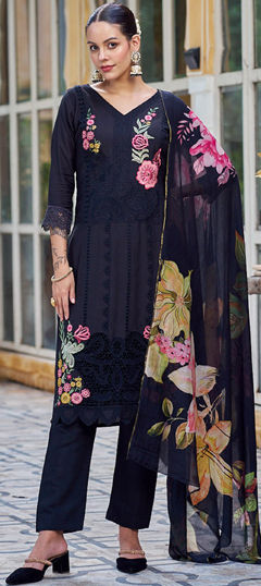 Black and Grey color Salwar Kameez in Muslin fabric with Embroidered, Resham, Thread, Zari work