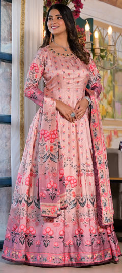 Pink and Majenta color Gown in Dolla Silk fabric with Digital Print, Sequence work