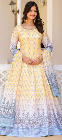 Yellow color Gown in Dolla Silk fabric with Digital Print, Sequence work