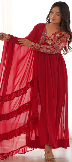 Red and Maroon color Gown in Georgette fabric with Embroidered, Sequence, Thread work