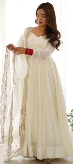 White and Off White color Gown in Silk fabric with Embroidered, Sequence, Thread work