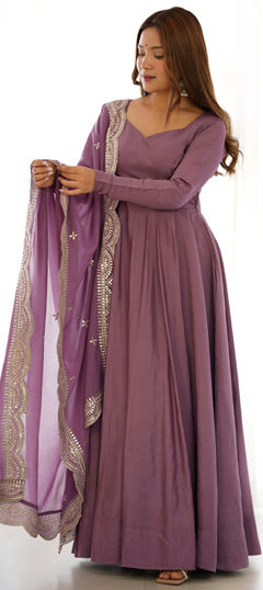 Purple and Violet color Gown in Silk fabric with Embroidered, Sequence, Thread work