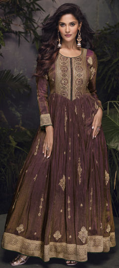 Beige and Brown color Gown in Jacquard fabric with Bugle Beads, Cut Dana, Sequence, Weaving work