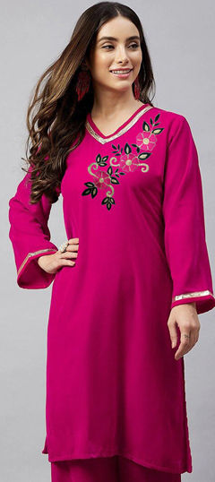 Pink and Majenta color Kurti in Velvet fabric with Embroidered, Gota Patti work