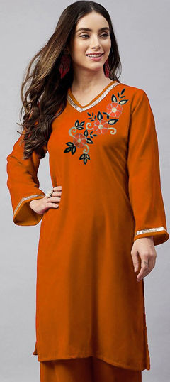 Orange color Kurti in Velvet fabric with Embroidered, Gota Patti work