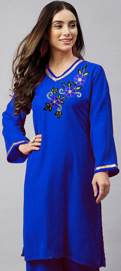 Blue color Kurti in Velvet fabric with Embroidered, Gota Patti work