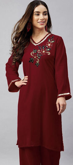 Red and Maroon color Kurti in Velvet fabric with Embroidered, Gota Patti work