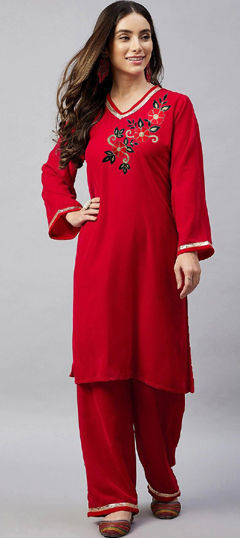 Red and Maroon color Salwar Kameez in Velvet fabric with Embroidered, Gota Patti work