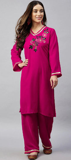 Pink and Majenta color Salwar Kameez in Velvet fabric with Embroidered, Gota Patti work