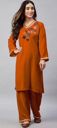 Orange color Salwar Kameez in Velvet fabric with Embroidered, Gota Patti work