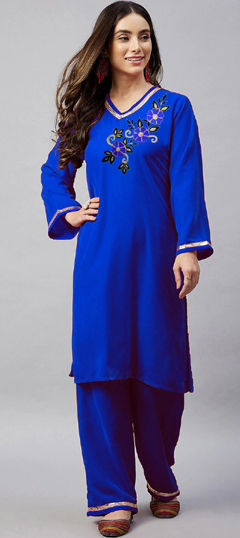 Blue color Salwar Kameez in Velvet fabric with Embroidered, Gota Patti work