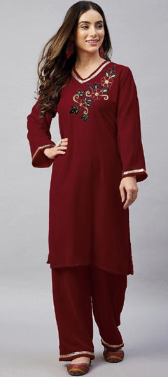 Red and Maroon color Salwar Kameez in Velvet fabric with Embroidered, Gota Patti work