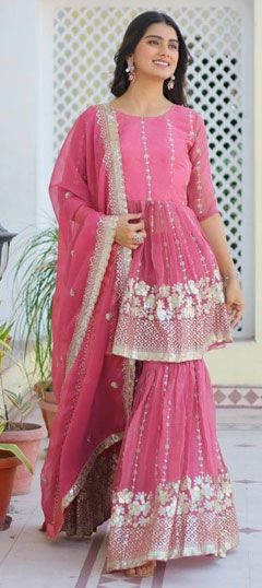 Pink and Majenta color Salwar Kameez in Shimmer fabric with Sequence work