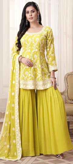 Yellow color Salwar Kameez in Georgette fabric with Embroidered, Resham, Sequence, Thread work