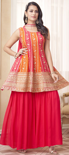 Pink and Majenta, Yellow color Salwar Kameez in Georgette fabric with Embroidered, Sequence, Thread, Zari work