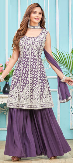 Purple and Violet color Salwar Kameez in Georgette fabric with Embroidered, Mirror, Resham, Sequence, Thread work