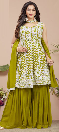 Green color Salwar Kameez in Georgette fabric with Embroidered, Mirror, Resham, Sequence, Thread work