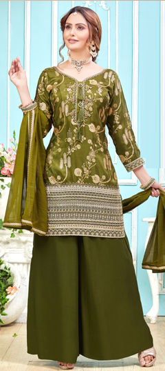 Green color Salwar Kameez in Silk fabric with Bugle Beads, Embroidered, Thread, Weaving, Zari work