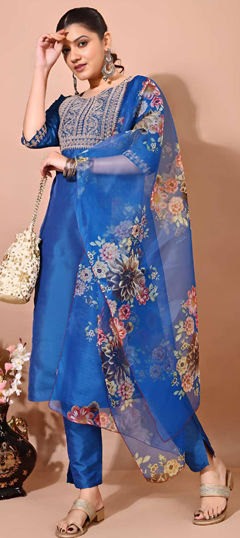 Blue color Salwar Kameez in Taffeta Silk fabric with Embroidered, Thread, Zari work