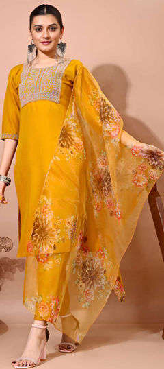 Yellow color Salwar Kameez in Taffeta Silk fabric with Embroidered, Thread, Zari work