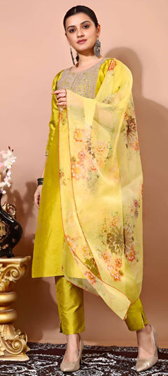 Yellow color Salwar Kameez in Taffeta Silk fabric with Embroidered, Thread, Zari work