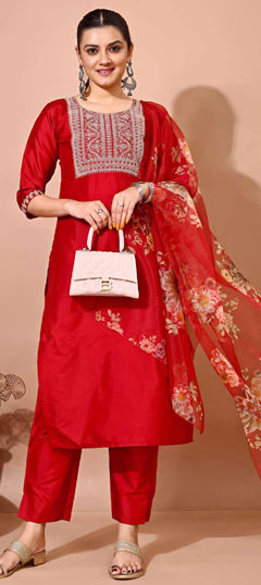 Red and Maroon color Salwar Kameez in Taffeta Silk fabric with Embroidered, Thread, Zari work