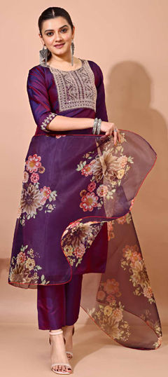 Purple and Violet color Salwar Kameez in Taffeta Silk fabric with Embroidered, Thread, Zari work