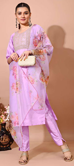 Pink and Majenta color Salwar Kameez in Taffeta Silk fabric with Embroidered, Thread, Zari work