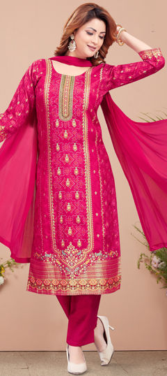 Pink and Majenta color Salwar Kameez in Silk fabric with Bandhej, Printed, Sequence, Thread, Zari work